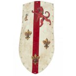 A MEDIEVAL STYLE PAINTED METAL PAVISE (SHIELD), the white ground painted with fleur de lys and a