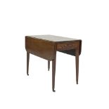 A 19TH CENTURY MAHOGANY RECTANGULAR DOUBLE DROP LEAF PEMBROKE TABLE, fitted single frieze drawer and