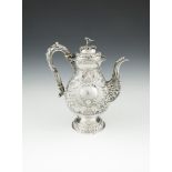 A FINE IRISH WILLIAM IV SILVER COFFEE POT, By James Le Bas Dublin 1836, of baluster form, the hinged