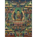 A TIBETAN THANGKA PAINTING, 20th century, painted with a seated Buddah, surrounded by figures and