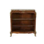 A FRENCH KINGWOOD MARQUETRY OPEN BOOKCASE, with marble top above bombé shaped body with applied