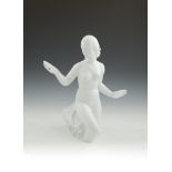 A THUN PORCELAIN BLANC DE CHINE ART DECO FIGURE OF A NUDE WOMAN WITH A HAND MIRROR, stamped, 41cm