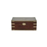 A GEORGE III BRASS BOUND MAHOGANY RECTANGULAR WRITING BOX with inset strapwork and edging, the top