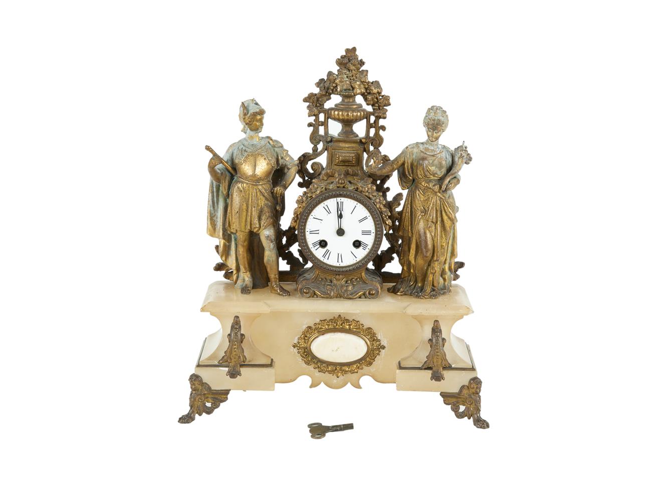 A 19TH CENTURY ALABASTER AND GILT SPELTER MANTLE CLOCK, the architectural base surmounted with a