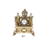 A 19TH CENTURY ALABASTER AND GILT SPELTER MANTLE CLOCK, the architectural base surmounted with a