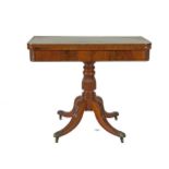 A GEORGE IV INLAID MAHOGANY RECTANGULAR FOLDING TOP TEA TABLE, the top with rosewood cross banding