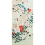 CHINESE SCHOOLSongbird and sparrows perched on a flowering plum treeGouache, 129 x 66cmSigned