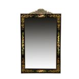 A PAINTED BLACK FRAMED RECTANGULAR WALL MIRROR, with surmounted applied foliate scroll work, the