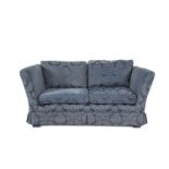 A PAIR OF MODERN UPHOLSTERED TWO SEATER SOFAS, with loose cushions covered in navy blue damask