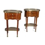A PAIR OF FRENCH WALNUT MARQUETRY GUERIDONS, of kidney form, with pierced brass gallery rail, the