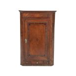 A GEORGE III MAHOGANY HANGING CORNER CUPBOARD, the plain cornice above a single fielded panel door