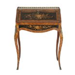 A LOUIS QUINZE STYLE MARQUETRY BUREAU DU DAME, with brass gallery rail and mounts decorated with