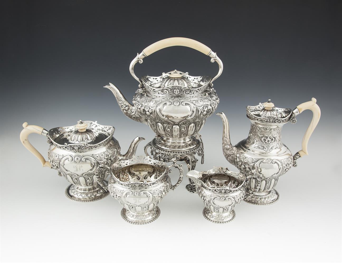 A 19TH CENTURY SILVER FIVE PIECE TEA AND COFFEE SERVICE, London 1899, makers marks of West & Son (