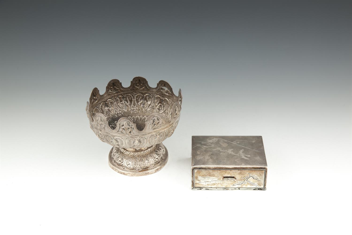 A JAPANESE SILVER TRINKET BOX, c.1920, of rectangular form, with single long drawer, engraved with