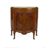 A FRENCH KINGWOOD MARQUETRY VERNIS MARTIN STYLE BOWFRONT TWIN DOOR SIDE CABINET, with marble top