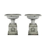 A PAIR OF CAST IRON CAMPAGNA GARDEN URNS, the rims with tongue and dart decoration and raised on