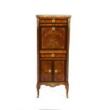 A FRENCH MARQUETRY COMPACT SECRETAIRE A ABATTANT, the marble top with canted corners above a