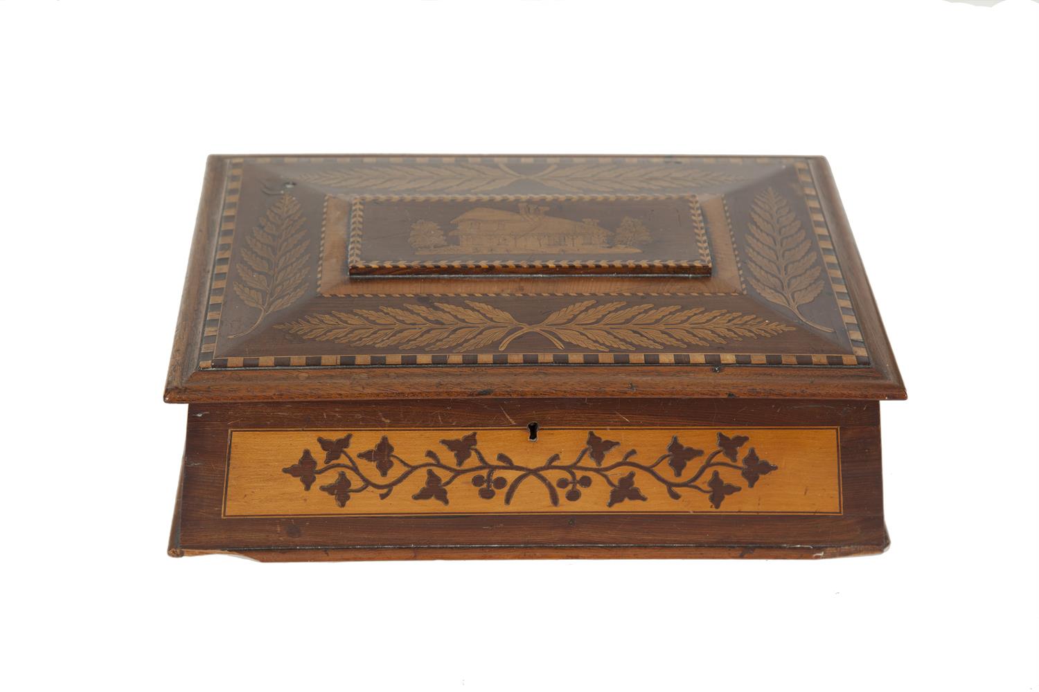 A VICTORIAN KILLARNEY RECTANGULAR WORK BOX, the flat domed lid decorated with a view of the Swiss