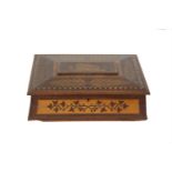 A VICTORIAN KILLARNEY RECTANGULAR WORK BOX, the flat domed lid decorated with a view of the Swiss