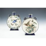 A PAIR OF AESTHETIC PERIOD MINTONS POTTERY MOON FLASKS, c.1880s, each of flattened circular form