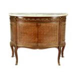 A FRENCH FRUITWOOD MARQUETRY BOWFRONT SIDE CABINET, the pink veined marble top above twin frieze