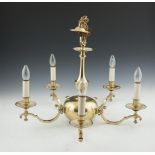A PAIR OF BRASS FRAMED FIVE BRANCH CEILING LIGHTS, in the Dutch style, each with scroll arm branches