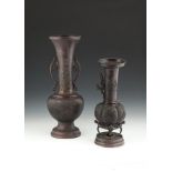 A JAPANESE BRONZE BALUSTER VASE, Meiji Period (1868-1912), with flared rim and elongated neck,