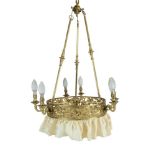 A BRASS FRAMED CIRCULAR CEILING LIGHT, 20th century, hung with slender fitted supports, with pierced