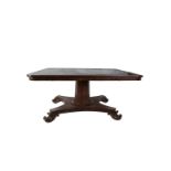 A MAHOGANY AND ROSEWOOD CROSSBANDED RECTANGULAR TILT TOP BREAKFAST TABLE, 19th century, supported on