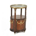 A FRENCH PARQUETRY OVAL BEDSIDE TABLE, the green veined marble top within a pierced gallery raised