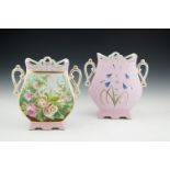 A PAIR OF CONTINENTAL PINK GROUND PORCELAIN VASES, c.1880, of flattened baluster form, each