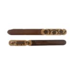 A PAIR OF IRISH KILLARNEY WOOD LETTER OPENERS, 19th century, each arbutus panel inlaid with floral