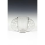 A LALIQUE TWO HANDLED CUT AND CLEAR GLASS LOVING CUP, pre-war mark, with leaf-cut lunette handles,