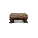 A 19TH CENTURY MAHOGANY FRAMED OCTAGONAL GOUT STOOL, the padded top with ratcheting tilt mechanism