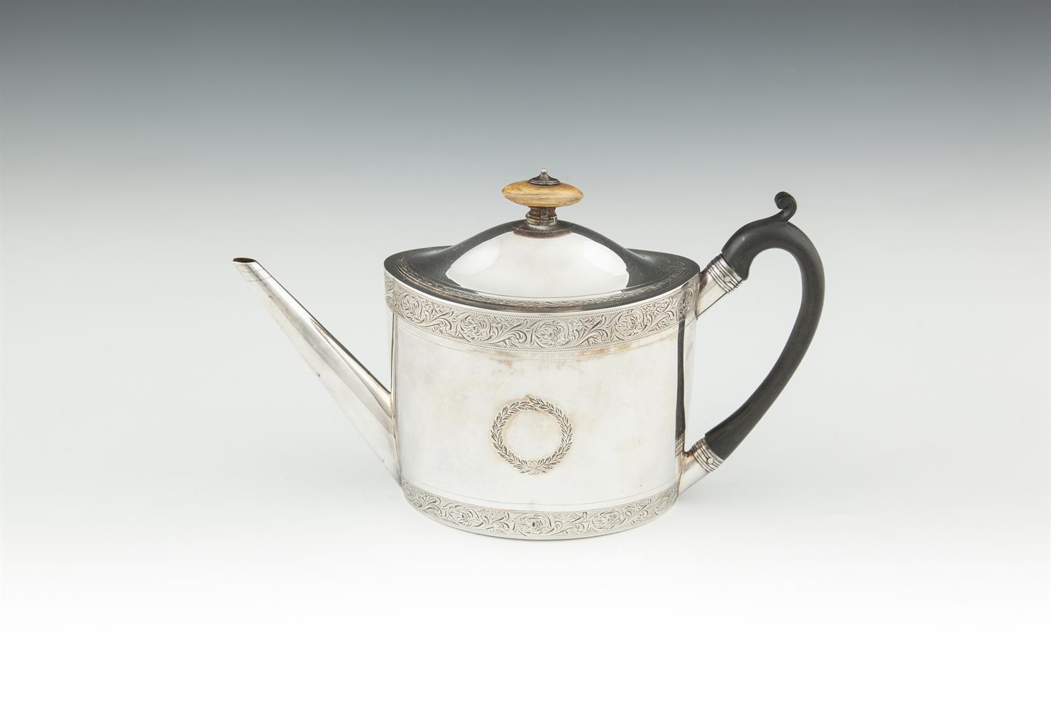 A GEORGE III OVAL SILVER TEAPOT, London 1794, mark of Henry Chawner, in the neo-classical taste, the