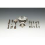 A SET OF FIVE BRIGHTCUT SILVER FRUIT FORKS, London 1914, mark of S. D. Neill, in a fitted case;