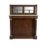 A REGENCY MAHOGANY AND BRASS INLAID CHIFFONIER, the fluted and glazed top with pierced three quarter