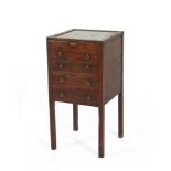 A 19TH CENTURY INLAID MAHOGANY SQUARE CURIO STAND, the glazed lift top enclosing a plush lined