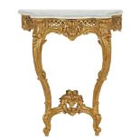 A CARVED GILTWOOD AND GESSO CONSOLE TABLE OF COMPACT PROPORTIONS, the white veined marble top with