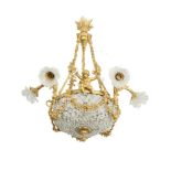 A PAIR OF FRENCH ORMOLU AND FROSTED GLASS SIX BRANCH CEILING LIGHTS, 20th century, with leaf cast