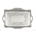 A HEAVY SILVER TWO HANDLE SERVING TRAY, of rectangular form, by James Wakely & Frank Wheeler of