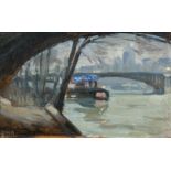 William John Leech RHA ROI (1881 - 1968)Tug on the River ThamesOil on board, 13 x 20cm (5 x 7½)