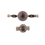 A VICTORIAN AMETHYST, SEED PEARL AND ENAMEL BROOCH AND A RINGThe brooch set to the centre with a