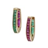 A PAIR OF RUBY AND EMERALD EARRINGSEach modelled as a horseshoe, set with a front row of square-