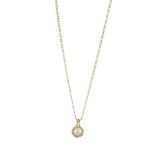 A CULTURED PEARL AND DIAMOND PENDANT ON CHAINThe 6.78mmx.6.70mm cultured pearl, within a foliate