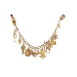 A GEM-SET AND GOLD CHARM BRACELETThe long and short chain-link bracelet suspending assorted