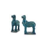 A PAIR OF CHINESE TURQUOISE GLAZED PORCELAIN MODELS OF HORSES, probably Kangxi Period, each inspired