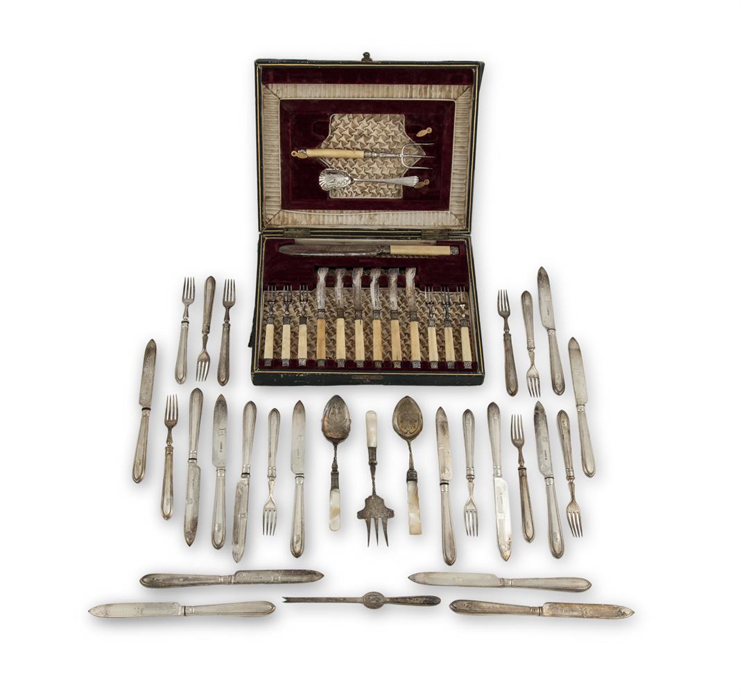A SET OF EIGHTEEN VICTORIAN ENGINE TURNED FILLED HANDLED DESSERT KNIVES AND EIGHTEEN MATCHING FORKS,