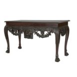 A CARVED MAHOGANY SIDE TABLE IN THE IRISH 18TH CENTURY STYLE, 19th century, the deep frieze