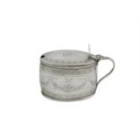 A GEORGE III OVAL SILVER MUSTARD POT, London 1792, mark of C.C, with slight domed lid and thumb